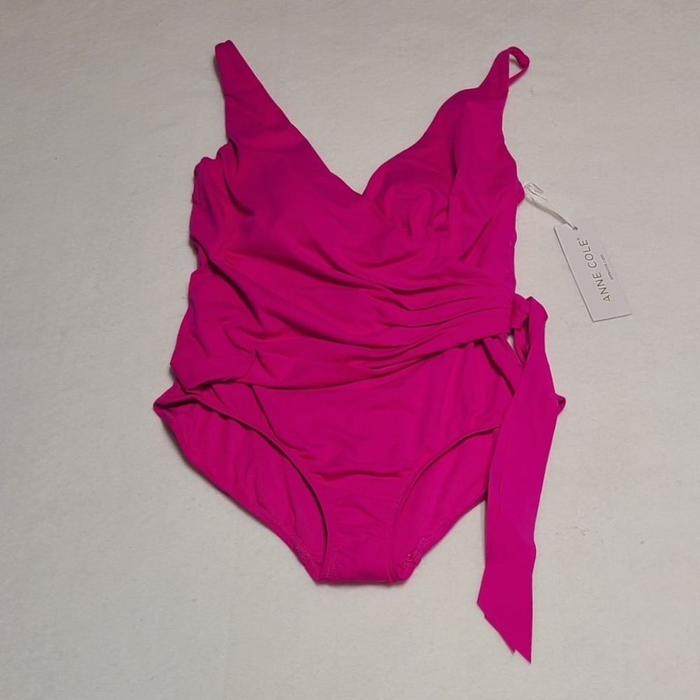 Anne Cole Women's Pink Wrap Front One Piece Swimsuit Ruched Side Tie Size 6 NWT